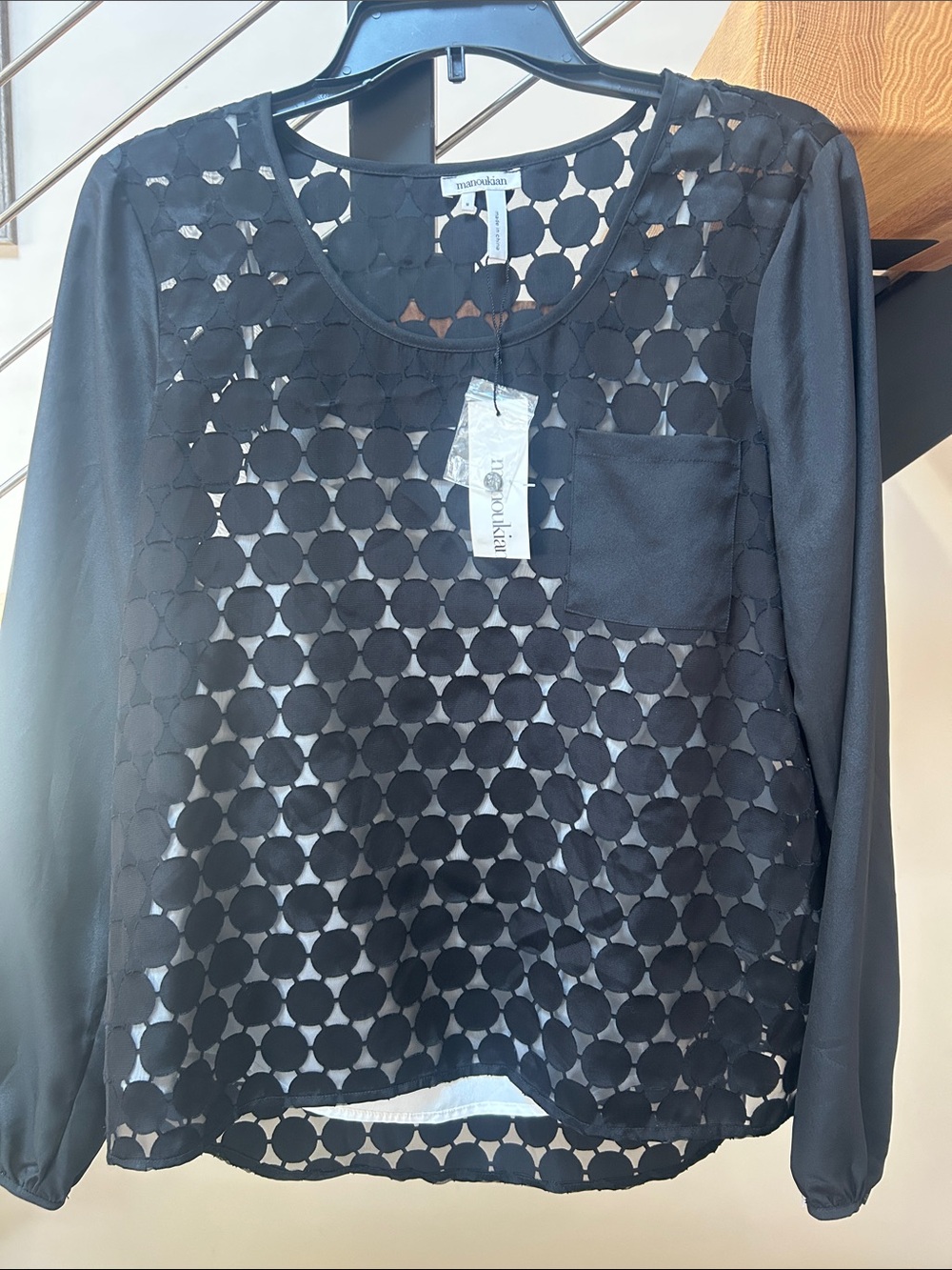 Black Sheer Circle-Lace Long Sleeve Blouse